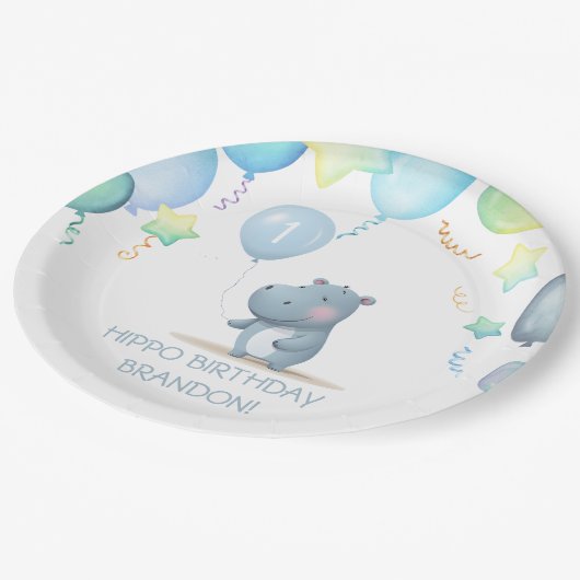 Hippo Verjaardag zacht blauw eenvoudig papier bord (Gekanteld)
