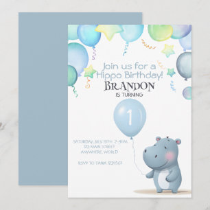 Hippo Verjaardag zacht blauw eenvoudige uitnodigin Kaart