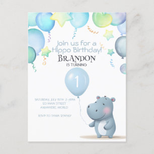 Hippo Verjaardag zacht blauw eenvoudige uitnodigin Uitnodiging Briefkaart