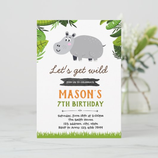 Hippo verjaardagsfeest uitnodiging (Staand voorkant)