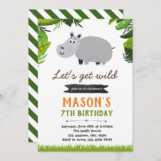 Hippo verjaardagsfeest uitnodiging (Voorkant / Achterkant)