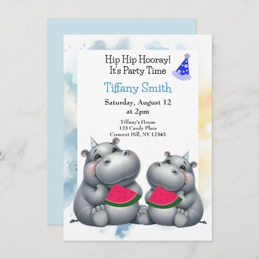 Hippo verjaardagsfeestje Watermeloen uitnodiging (Voorkant / Achterkant)