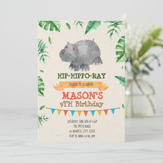 Hippo verjaardagsthemauitnodiging kaart (Staand voorkant)