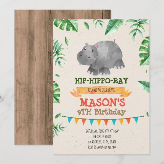 Hippo verjaardagsthemauitnodiging kaart (Voorkant / Achterkant)
