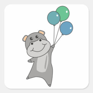 Hippo vliegt met ballonnen en zoete dieren voor vierkante sticker