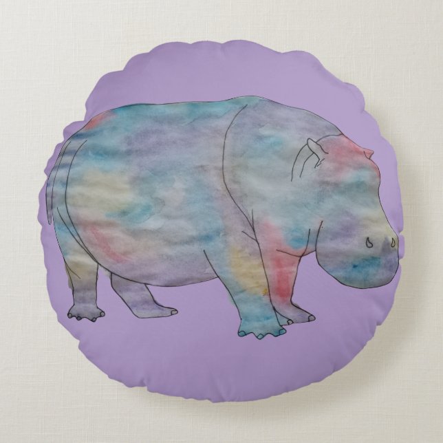 Hippo watercolour rond kussen (Voorkant)