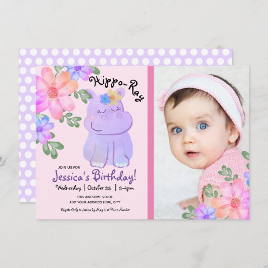 Hippo Waterverf Birthday Girly Floral Kaart (Voorkant / Achterkant)