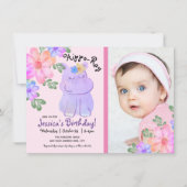 Hippo Waterverf Birthday Girly Floral Kaart (Voorkant)