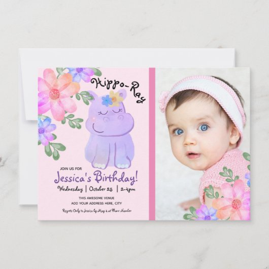 Hippo Waterverf Birthday Girly Floral Kaart (Voorkant)