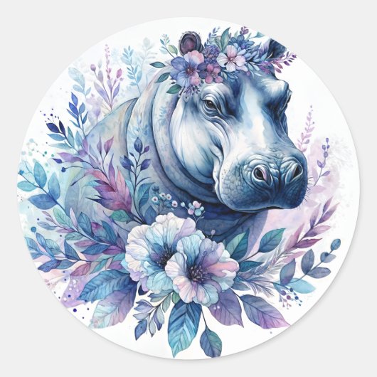 Hippo Waterverf Floral Art Ronde Sticker (Voorkant)
