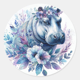 Hippo Waterverf Floral Art Ronde Sticker