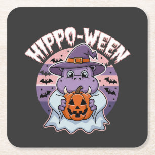 Hippo-ween Spooky Halloween Moo Deng Hippo Ghost Kartonnen Onderzetters