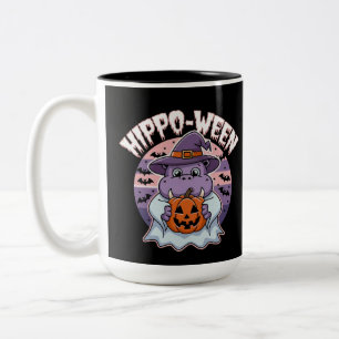 Hippo-ween Spooky Halloween Moo Deng Hippo Ghost Tweekleurige Koffiemok