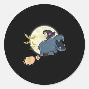 Hippo Witch Pet Riding Broom Stick Zoo Dierenliefd Ronde Sticker
