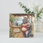 Hippo with Christmas Cocktail Party Greeting Card Feestdagenkaart (Staand voorkant)