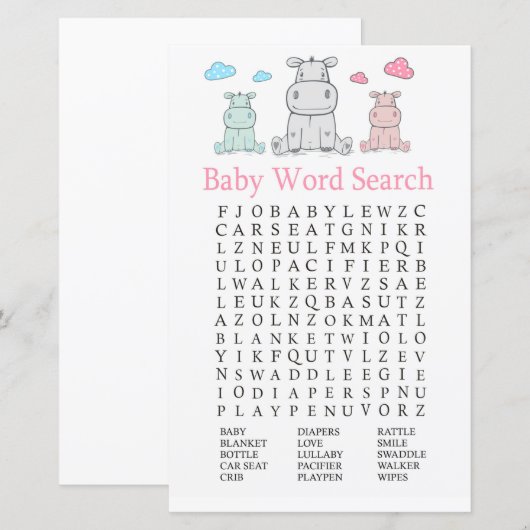 Hippopotamus Baby shower Word Search Game (Voorkant / Achterkant)