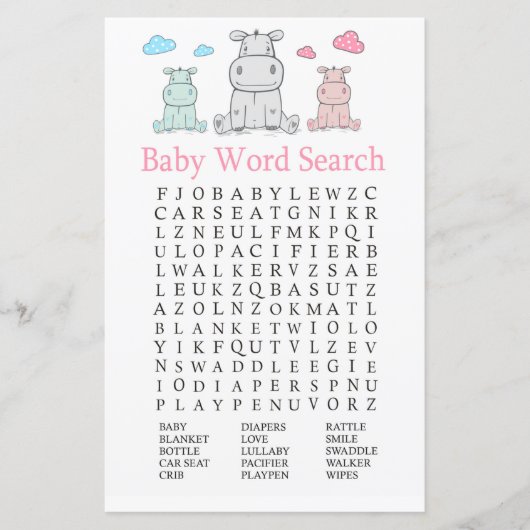 Hippopotamus Baby shower Word Search Game (Voorkant)