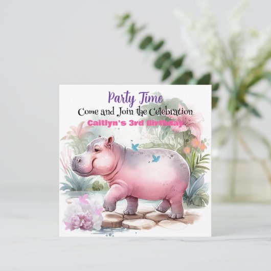Hippopotamus en Butterfly Verjaardag Uitnodiging (Staand voorkant)
