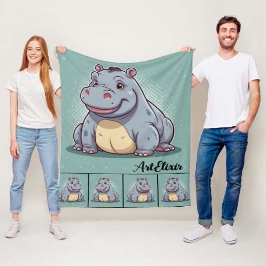 Hippopotamus Grappig Kawaii Blauw Print Fleece Deken (In situ)