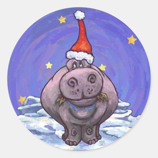 Hippopotamus Kerstmis Ronde Sticker (Voorkant)