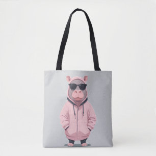 Hippopotamus met hoodie Funny Cool Animal Pop Tote Bag