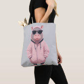 Hippopotamus met hoodie Funny Cool Animal Pop Tote Bag (Dichtbij)