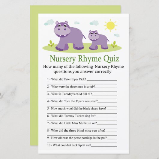 Hippopotamus Nursery Rhyme Quiz baby shower game (Voorkant / Achterkant)