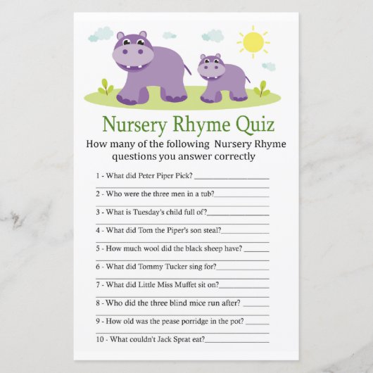Hippopotamus Nursery Rhyme Quiz baby shower game (Voorkant)