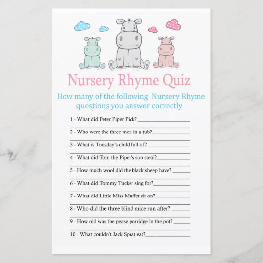 Hippopotamus Nursery Rhyme Quiz baby shower spel (Voorkant)