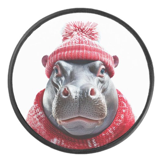 Hippopotamus Scarf and Beany  Hockey Puck (Voorkant)