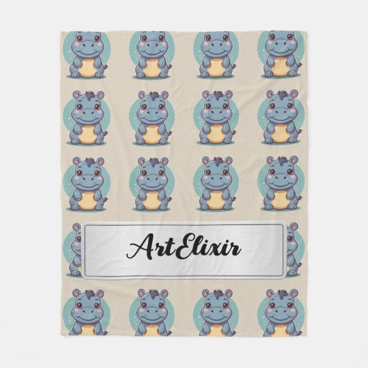 Hippopotamus Schattige Kawaii Blauw Print Fleece Deken (Voorkant)