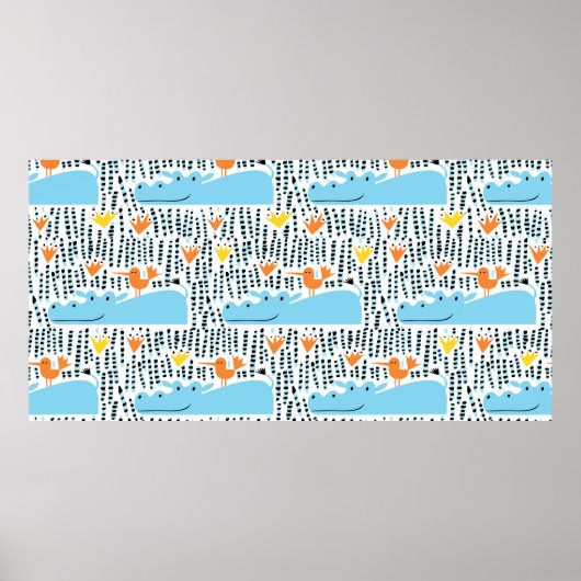 Hippos en vogels in het meer naadloze patroonvint poster (Voorkant)