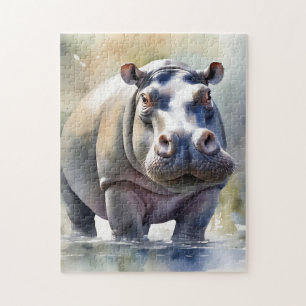 Hippo's Serene Waters Een Waterverf Portret Legpuzzel