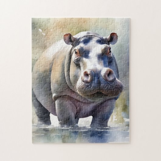 Hippo's Serene Waters Een Waterverf Portret Legpuzzel (Verticaal)