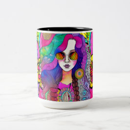 Hippy Art Vrouw met Zonnebril Koffie 15 oz Mok