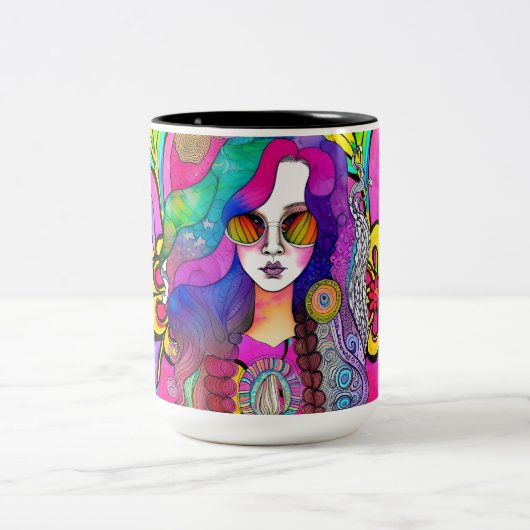 Hippy Art Vrouw met Zonnebril Koffie 15 oz Mok (Center)