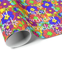 Hippy Birthday Retro Flowers Cadeaupapier