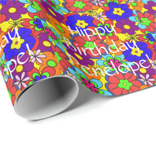 Hippy Birthday Retro Flowers Cadeaupapier