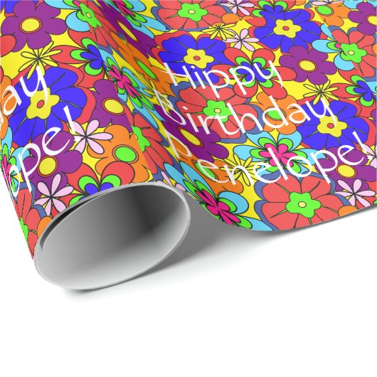 Hippy Birthday Retro Flowers Cadeaupapier (Rol Hoek)