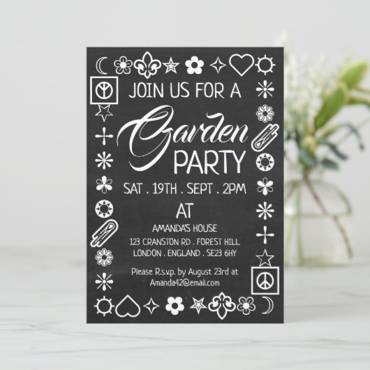Hippy Chic Decorated Chalkboard Garden Party Kaart (Staand voorkant)
