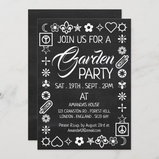 Hippy Chic Decorated Chalkboard Garden Party Kaart (Voorkant / Achterkant)