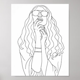 Hippy Chick Womans portret lijnkunstkleurpagina Poster