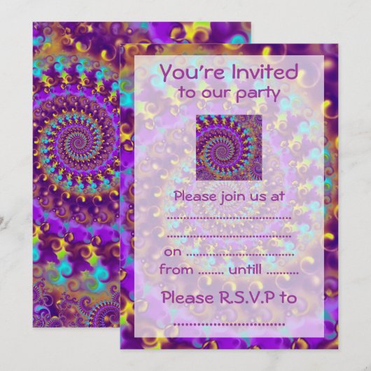 Hippy Fractal Pattern Paars Turquoise & Yellow Kaart (Voorkant / Achterkant)