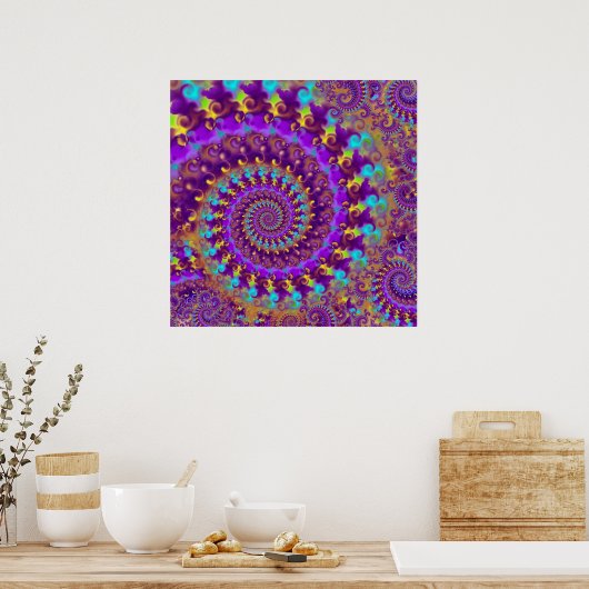 Hippy Fractal Pattern Paars Turquoise & Yellow Poster (Keuken)
