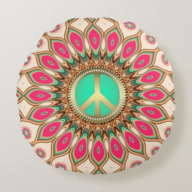Hippy Groovy Liefde & Vrede Zonnebloem Rond Kussen (Voorkant)