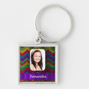 Hippy kleur chevron gepersonaliseerde foto sjabloo sleutelhanger