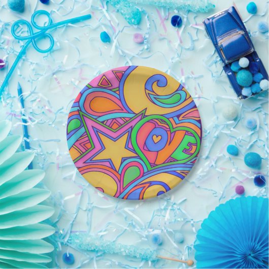 Hippy Retro Peace Art met sterren Papieren Bordje (Feest)