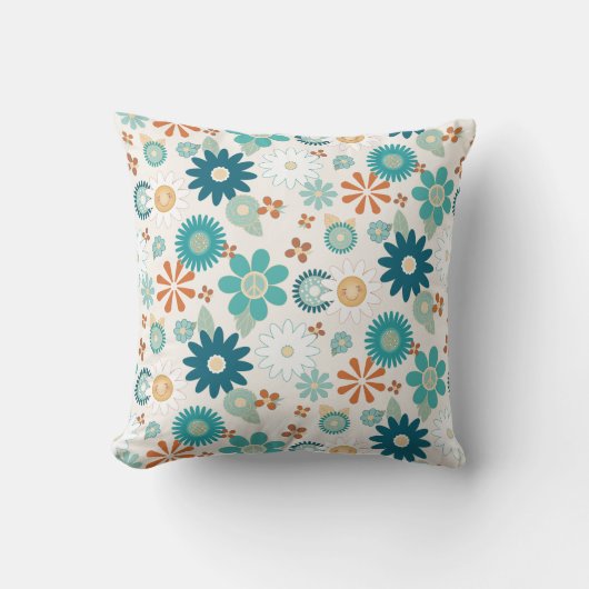 Hippy Retro Vibe 70s Daisy Peace Blue Oranje Baby Kussen (Voorkant)