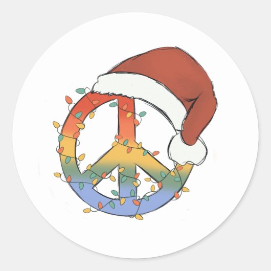 Hippy Santa Peace Sign-kerstlampjes Ronde Sticker (Voorkant)