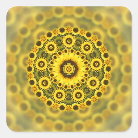 Hippy Sunflower Fractal Mandala Pattern Vierkante Sticker (Voorkant)